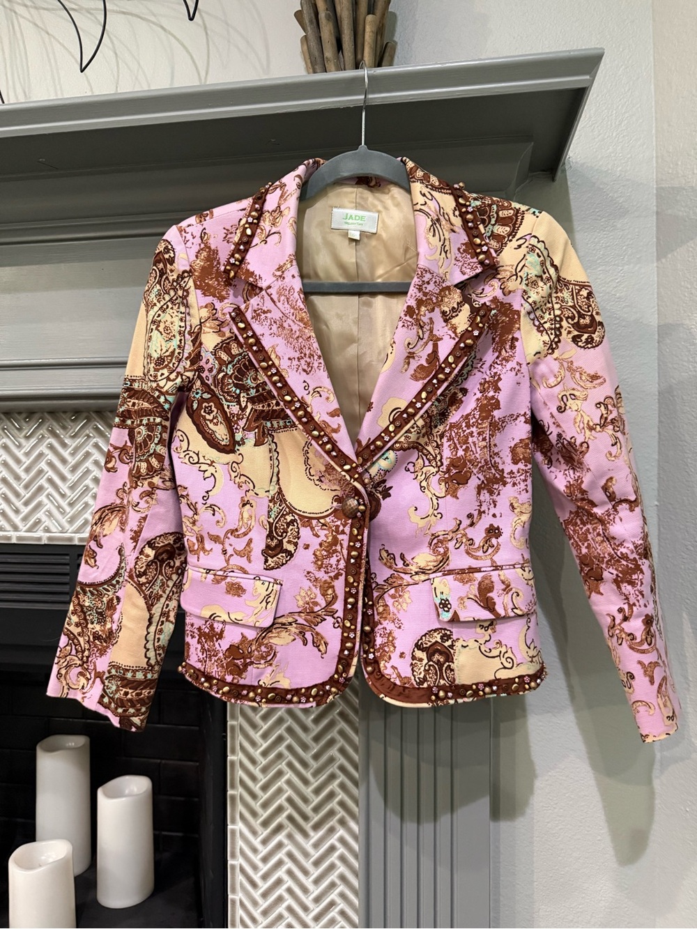 Jade Pink & Cream Paisley-Print Studded Tailored Blazer